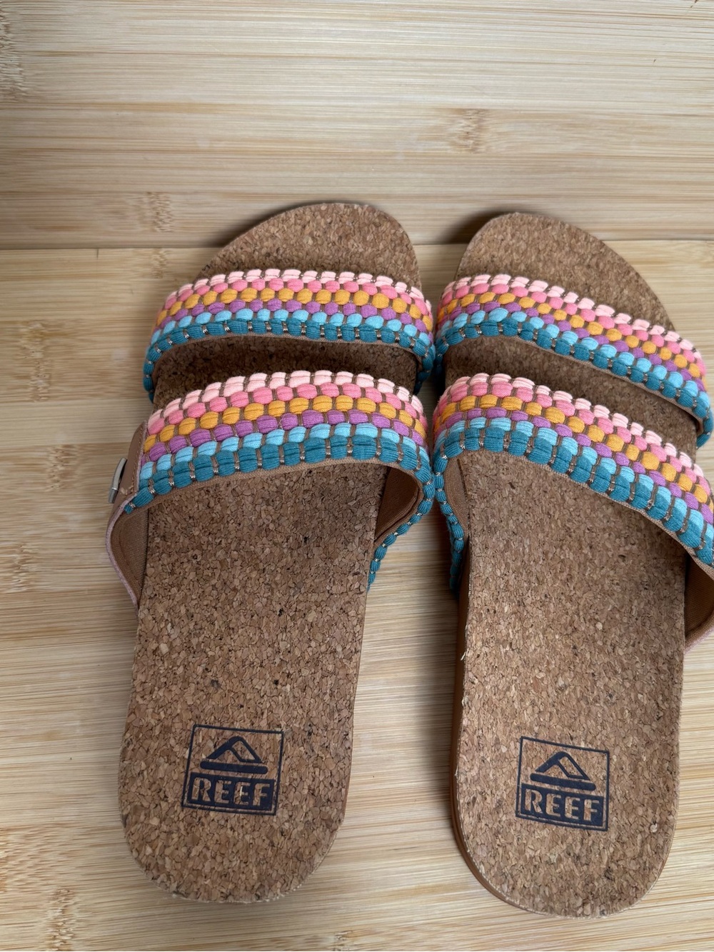 Reef Women’s Cork Slide Sandals Size 9 Colorful Woven Double Strap Comfort - Picture 5 of 9